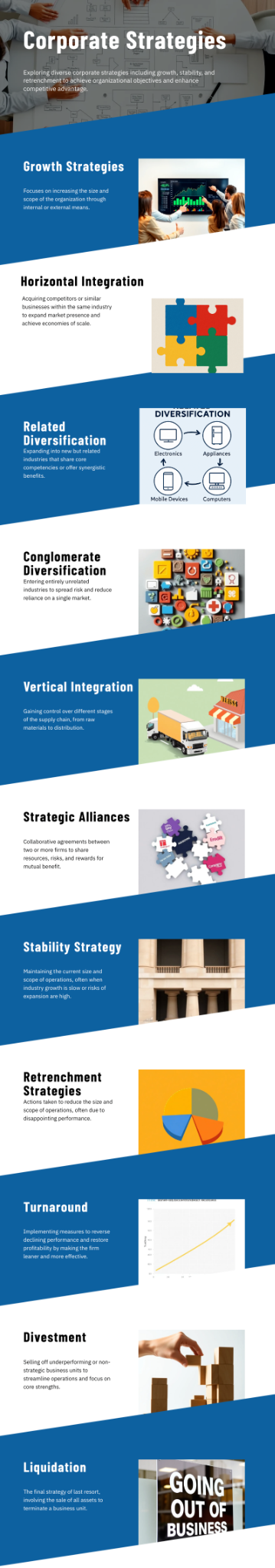 Infographic defining eleven corporate strategies