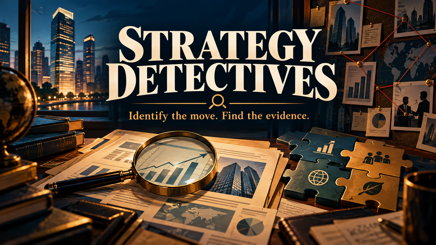 Strategy Detectives. Identify the move. Find the evidence. A magnifying glass and corporate case files on a detective desk.