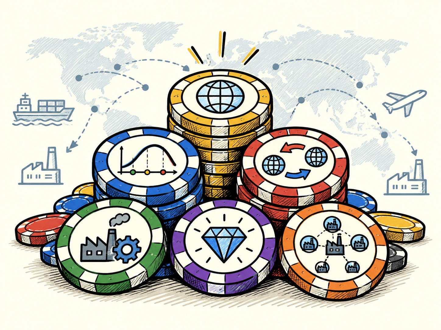 Firm theory and gambling chips illustration showing global trade and strategy concepts