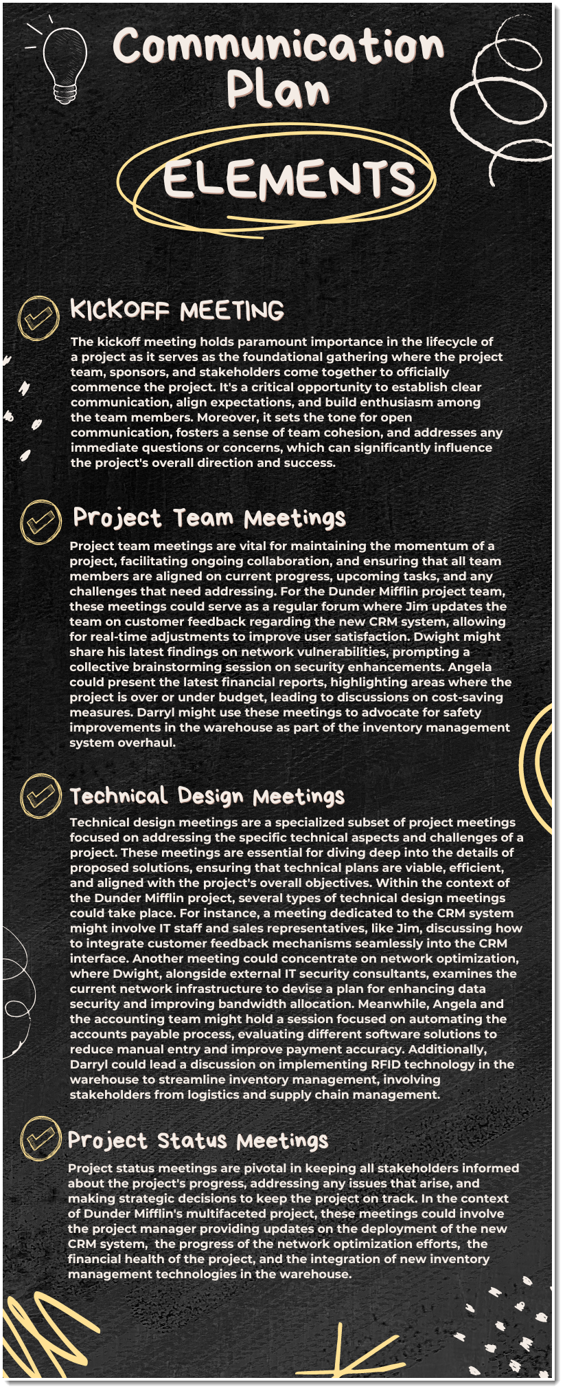 Communication Plan Elements: kickoff meetings, project team meetings, technical design meetings, and project status meetings
