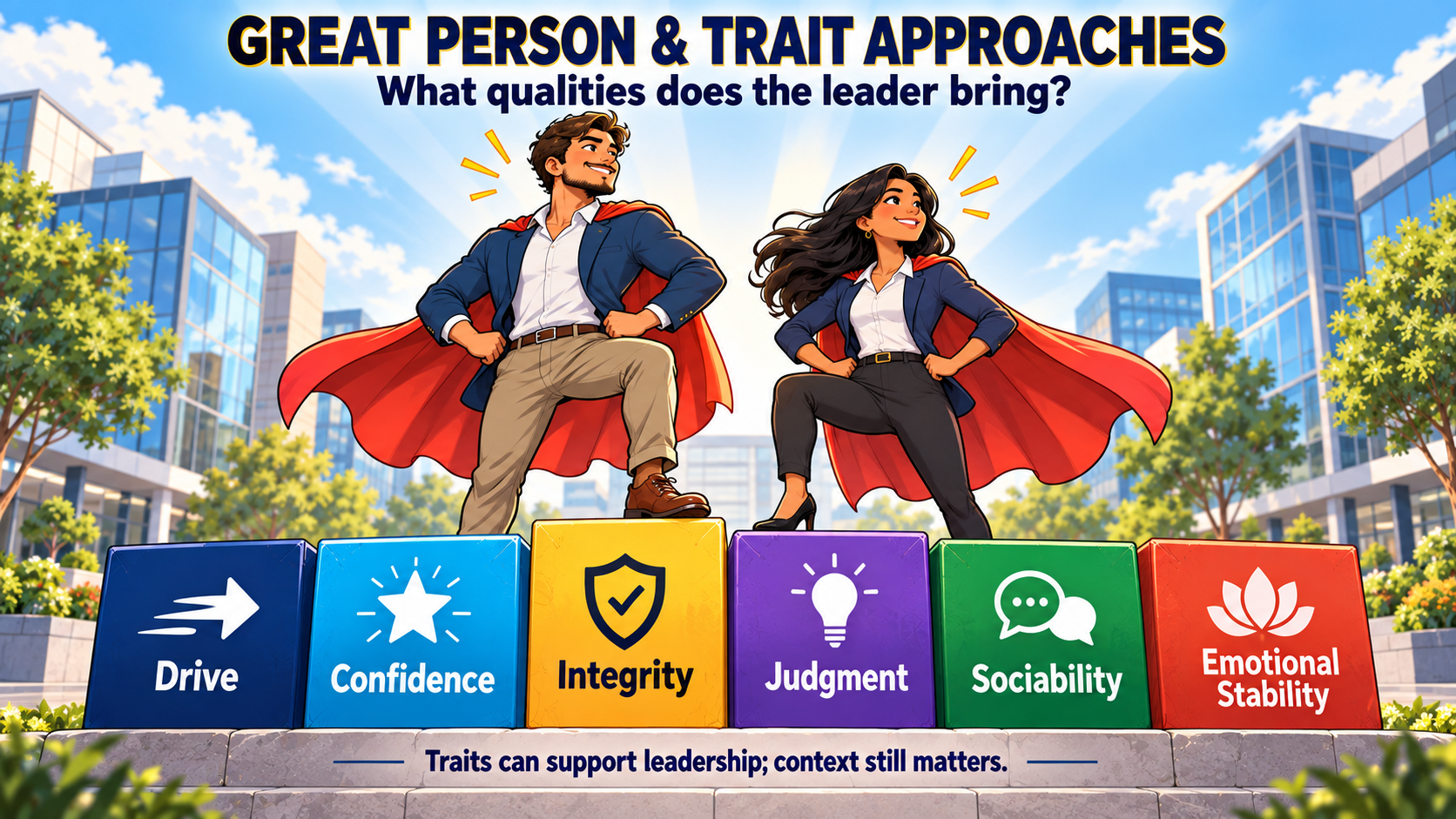 Great Person and Trait approaches: drive, confidence, integrity, judgment, sociability and emotional stability. Context still matters.
