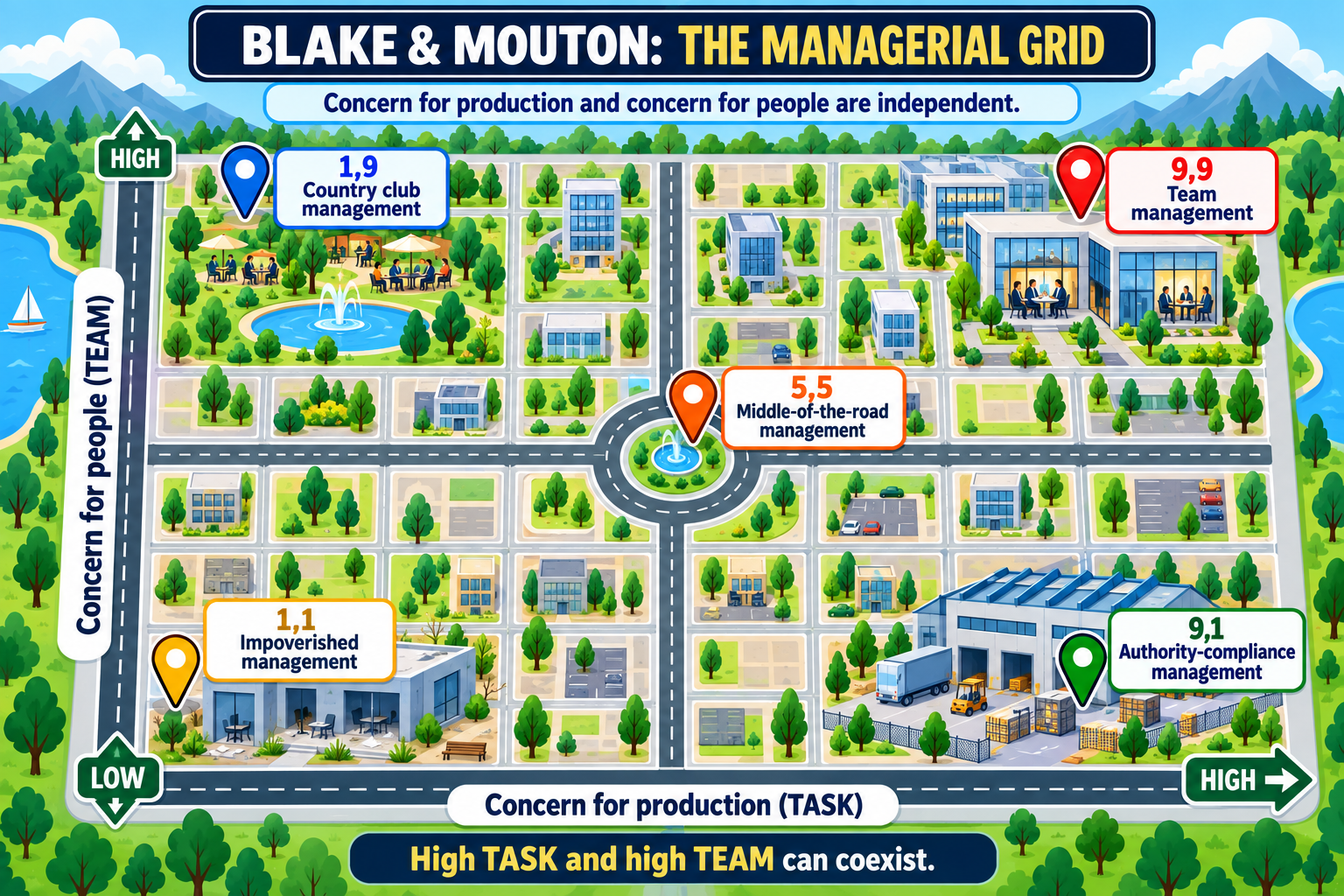 Blake and Mouton: independent concern for production and people, with five management styles. High task and high team can coexist.