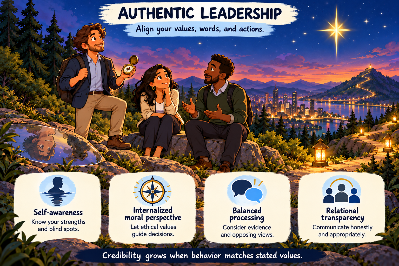 Authentic leadership: self-awareness, internalized moral perspective, balanced processing and relational transparency.