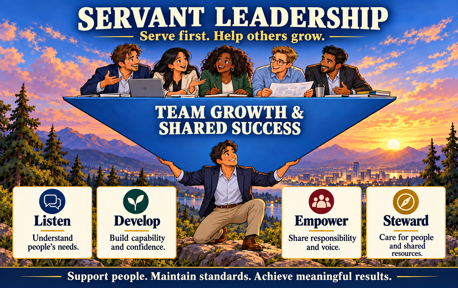 Servant leadership: listen, develop, empower and steward; maintain standards and achieve meaningful results.